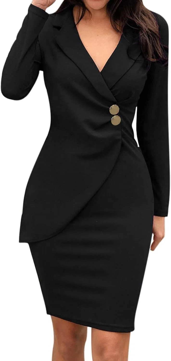 Женское платье-жакет с лацканами Slim Hip Bodycon, Black