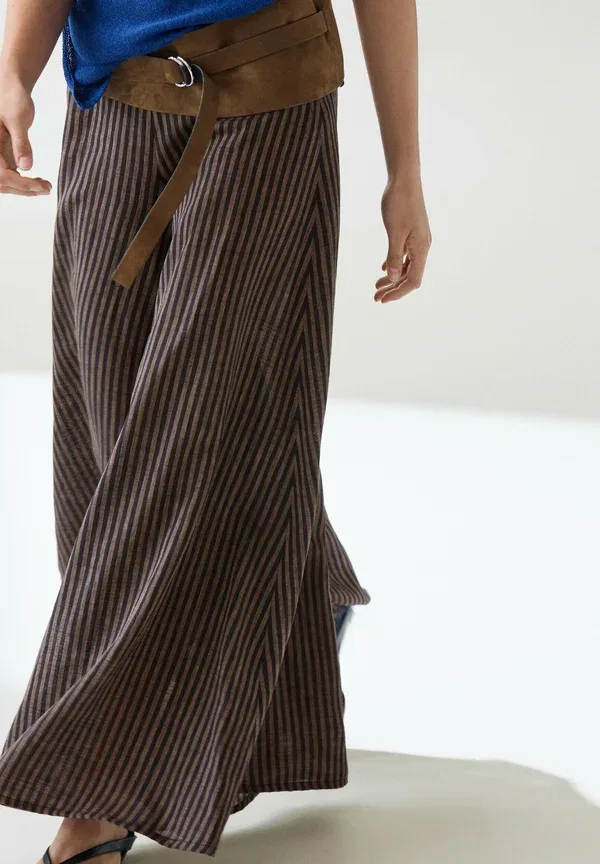 Брюки из вискозы и льна Wide leg Massimo Dutti, коричневый