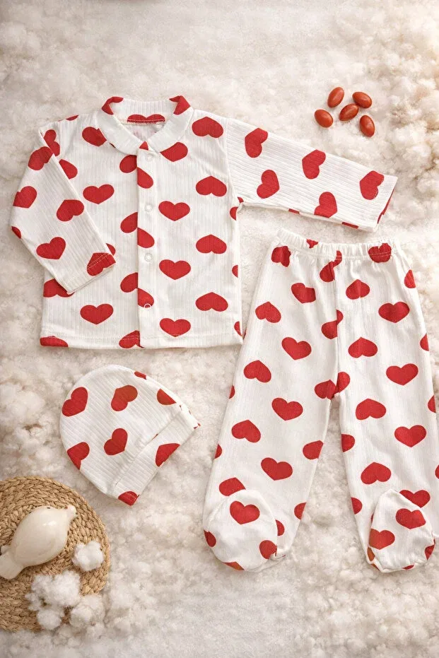 Детский комплект пижам для новорожденных с принтом Corded fabric fabric 100% cotton cute heart patterned newborn baby pajama set with hat Aslin Store, Red