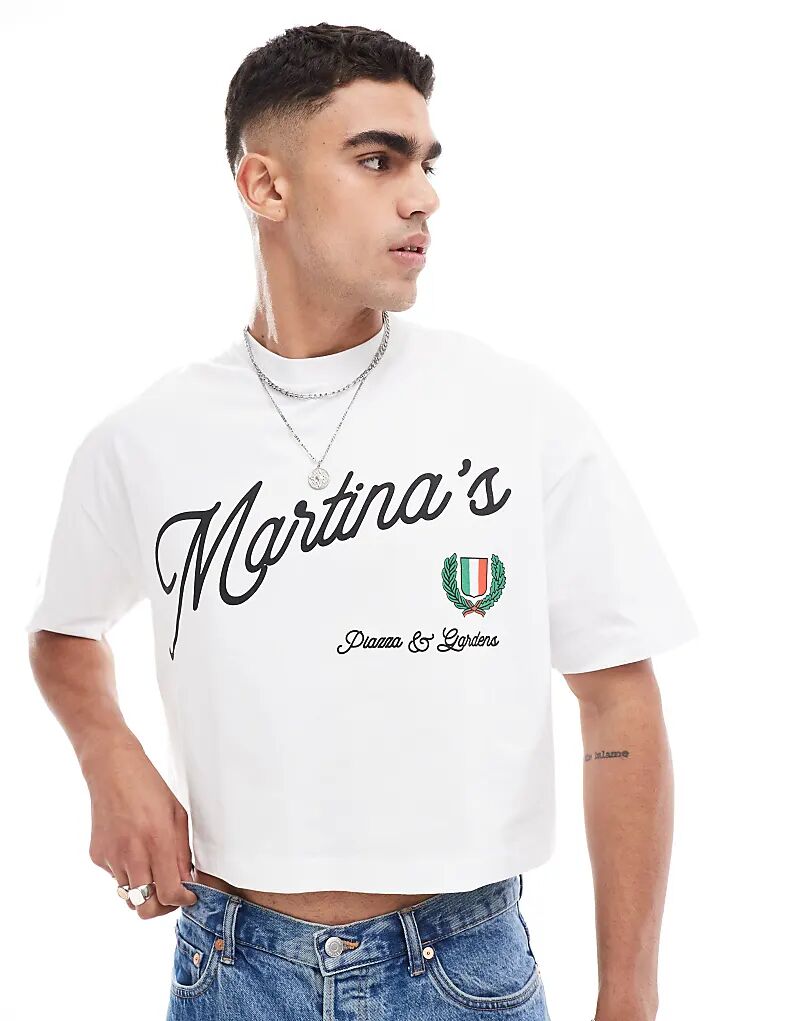 

Укороченная футболка оверсайз белого цвета с принтом ASOS DESIGN