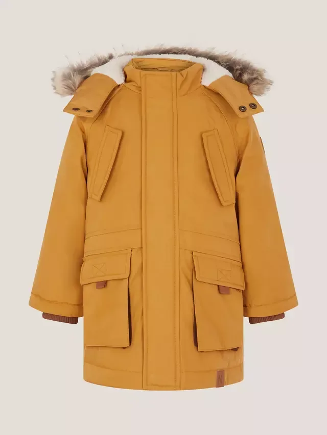 Детская парка с капюшоном из искусственного меха Monsoon, Mustard — фото 2