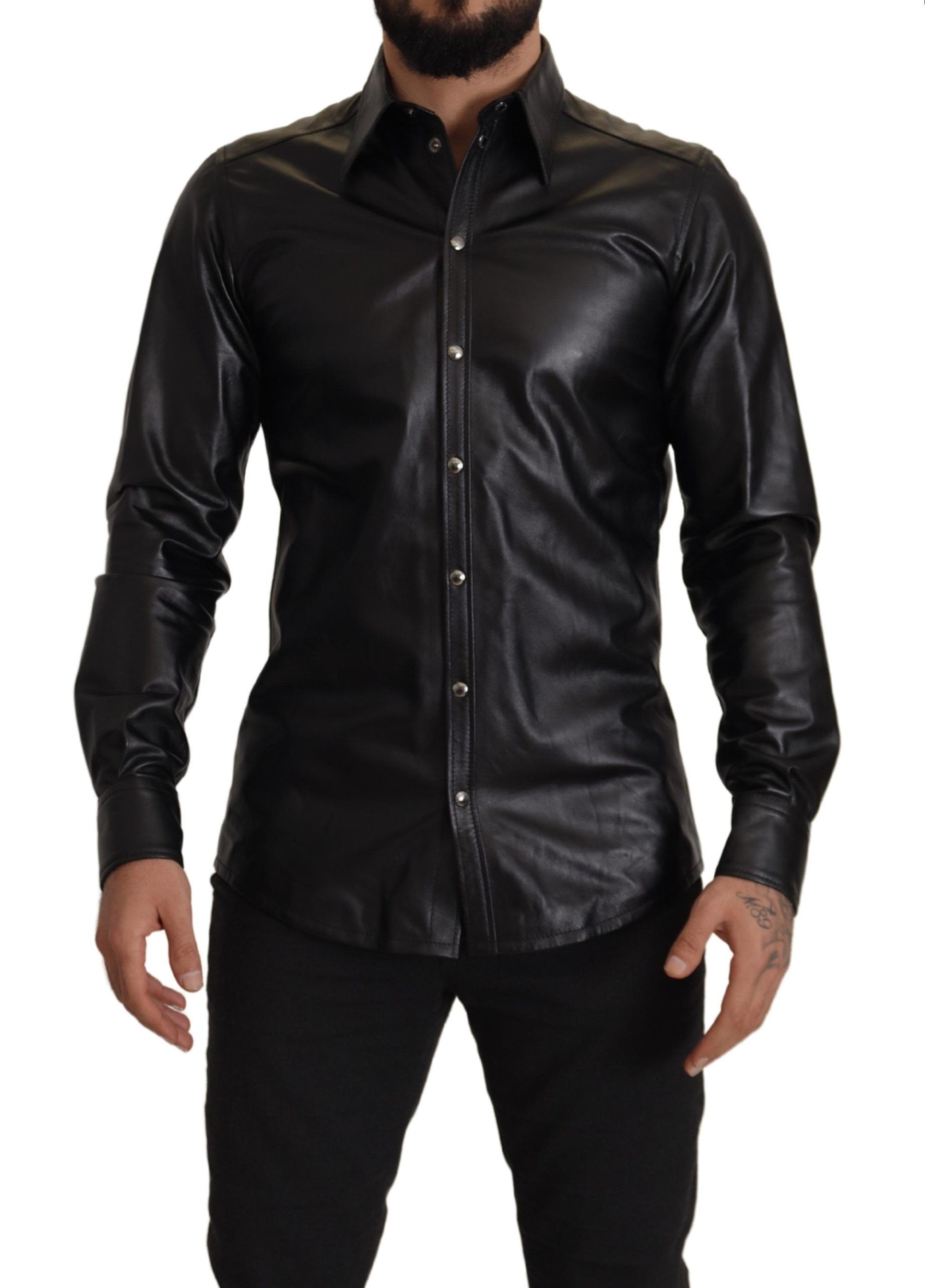 

Элегантная кожаная рубашка на пуговицах Slim Fit Dolce & Gabbana, черный