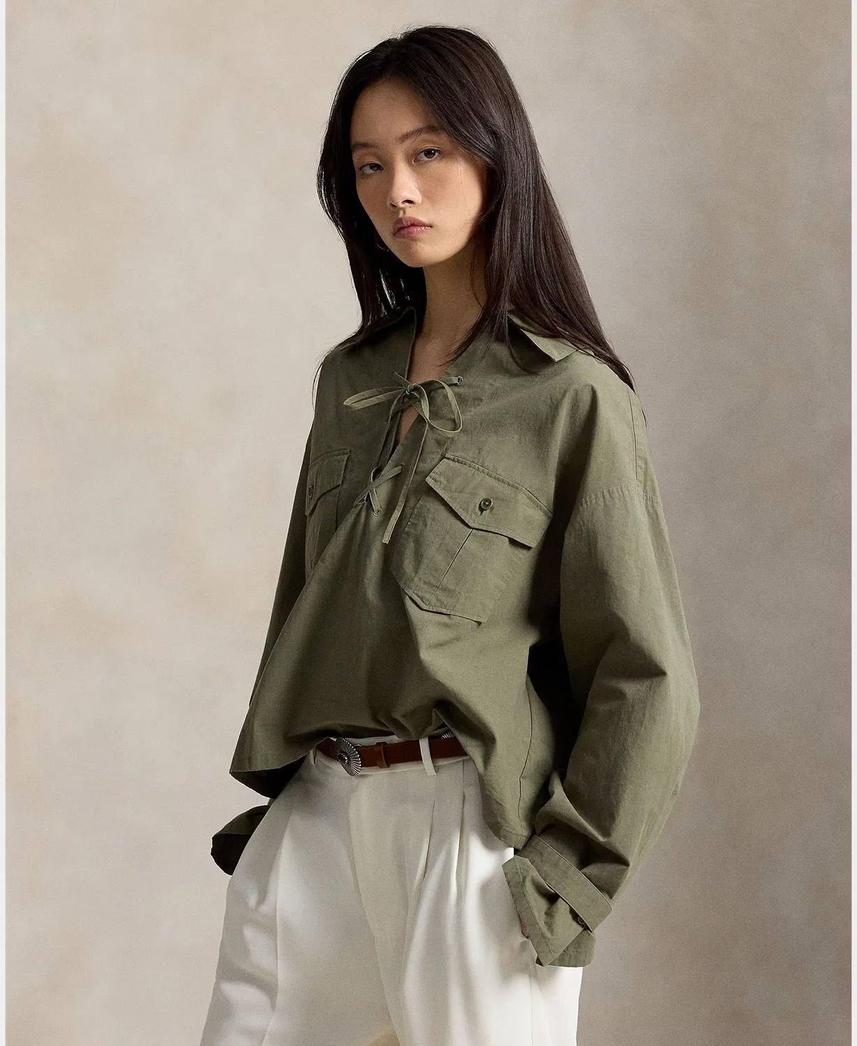 Женская рубашка из хлопка, Parche, Polo Ralph Lauren, темно-зеленый — фото 4