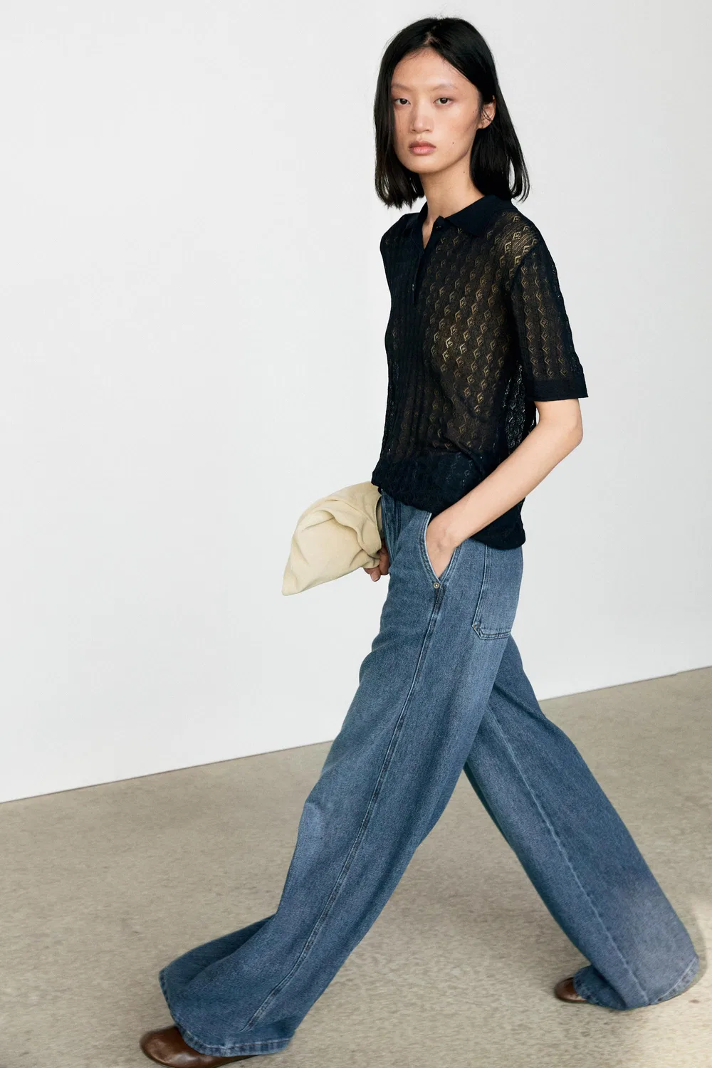 Поло-свитер Massimo Dutti Open-Knit, темно-синий — фото 4