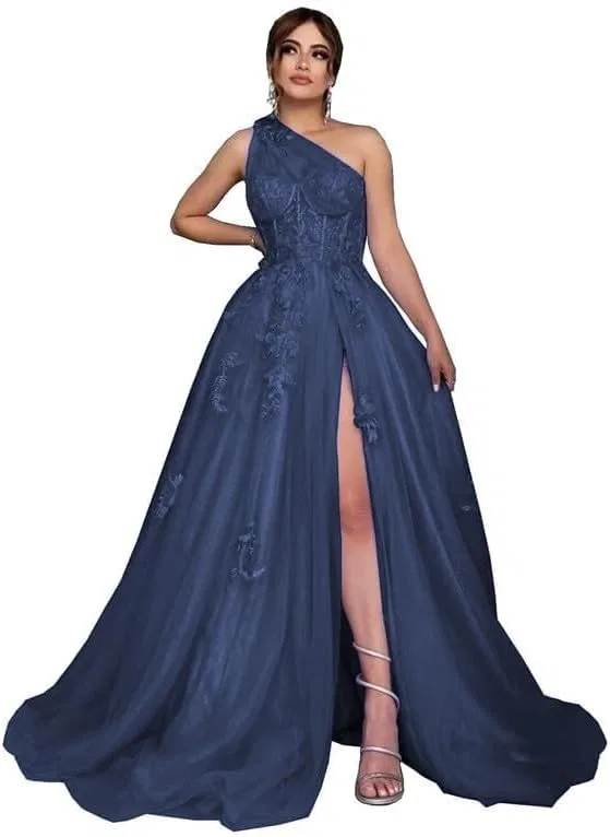 Женское вечернее платье с одним плечом и шлейфом, Navy Blue