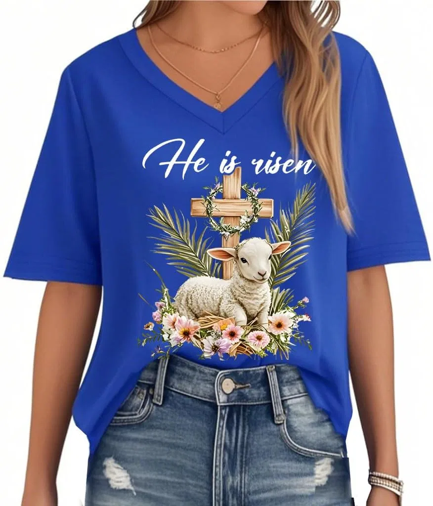Женская футболка с принтом Easter Cross He is Risen, Sapphire Blue