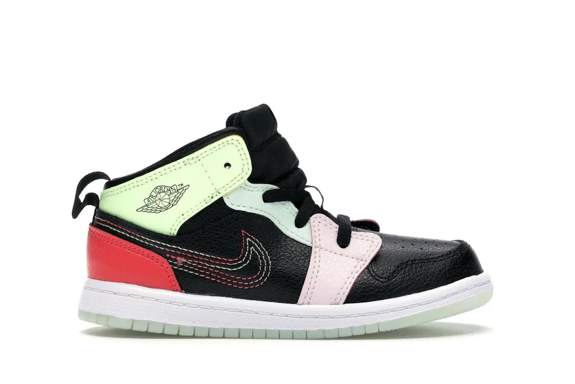 Детские кроссовки с принтом Jordan 1 Mid Glow-In-The-Dark Jordan, Black/Ember Glow-Barely Volt-Light Soft Pink-Jade Aura