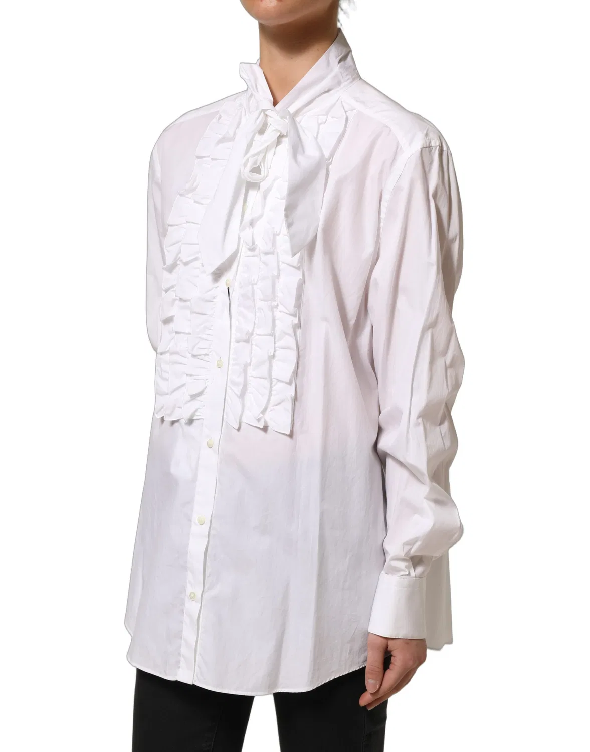 Женская блузка с длинным рукавом и рюшами White Ruffled Bib Long Sleeves Blouse Top Dolce & Gabbana, White — фото 4