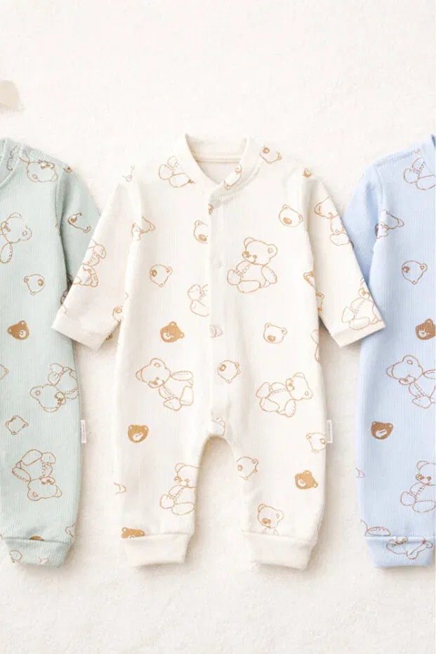 Детский комбинезон с принтом 100% cotton dog patterned 3-piece romper Bamoola, Nude Color — фото 4
