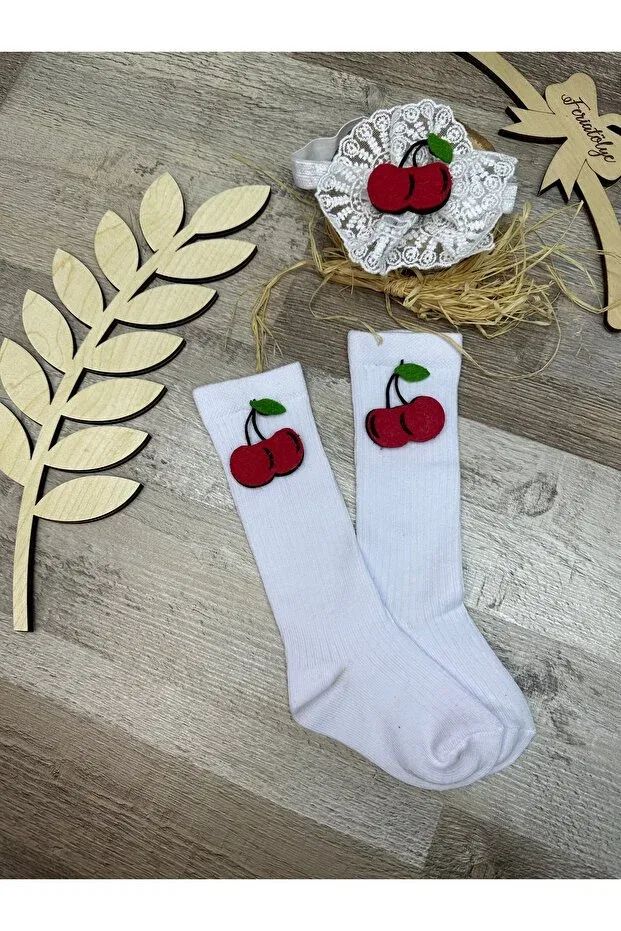 Детские носки для девочек с принтом Cherry Figured White Lace Headband And White Cherry Concept Baby Girl Knee Socks Feriatolye, White
