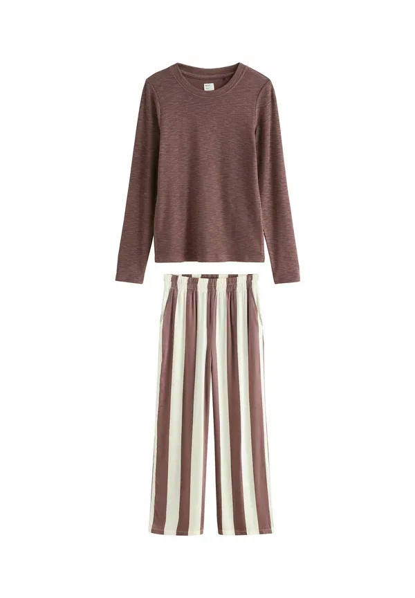 Пижамный комплект с длинным рукавом, полоска, Tall fit - long sleeve stripe set, Next, Chocolate Brown Stripe, коричневый/шоколадный