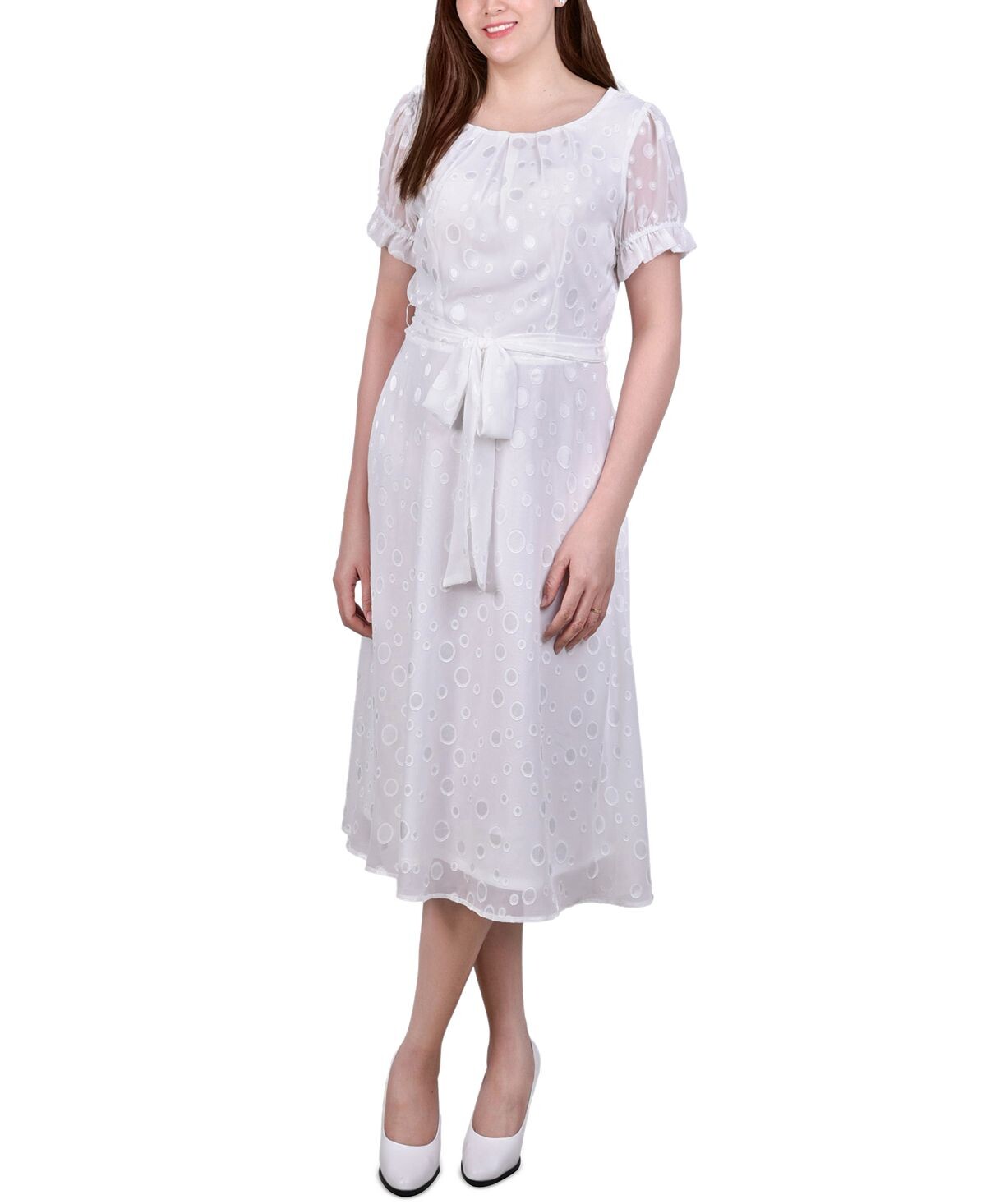 

Миниатюрное платье в горошек с поясом и короткими рукавами NY Collection, мульти