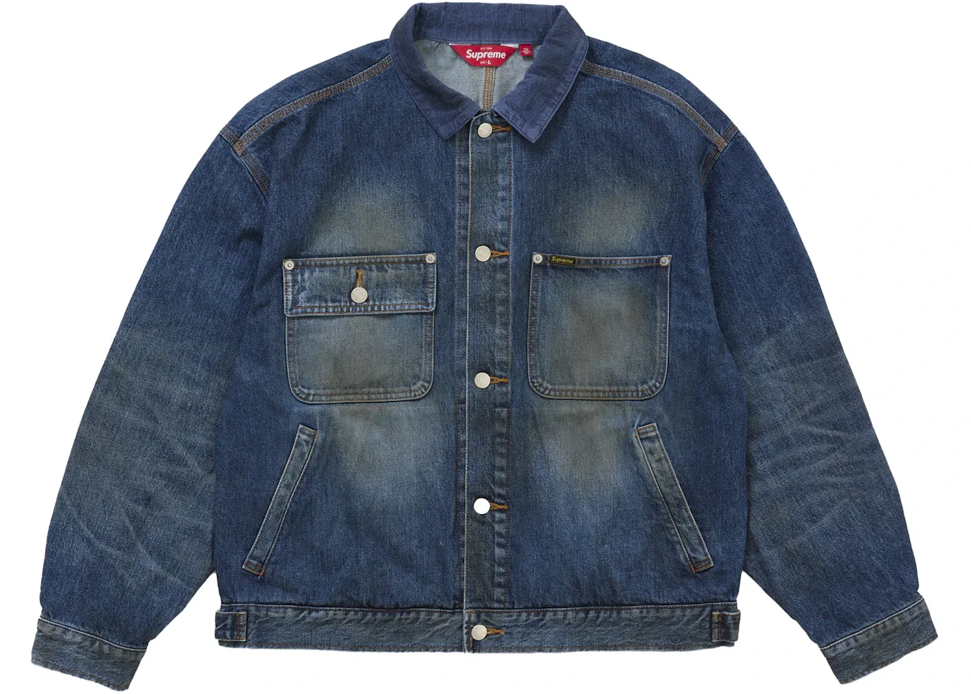 Мужская джинсовая куртка с потертостями и селвиджем Supreme Jacket (FW25), Washed Indigo