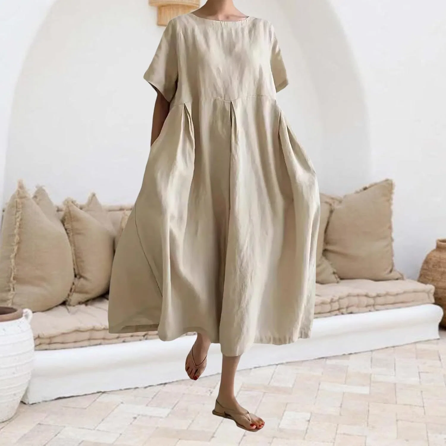 Женское свободное платье из хлопка и льна с оборками, Beige — фото 3