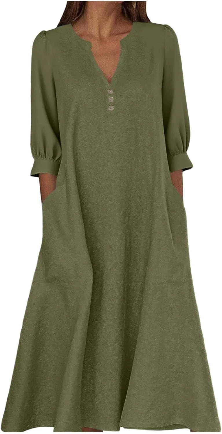 Женское платье-рубашка свободного кроя с длинным рукавом, Army Green