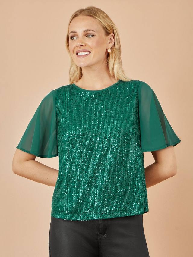 

Блузка с коротким рукавом и круглым вырезом с пайетками Yumi, Green
