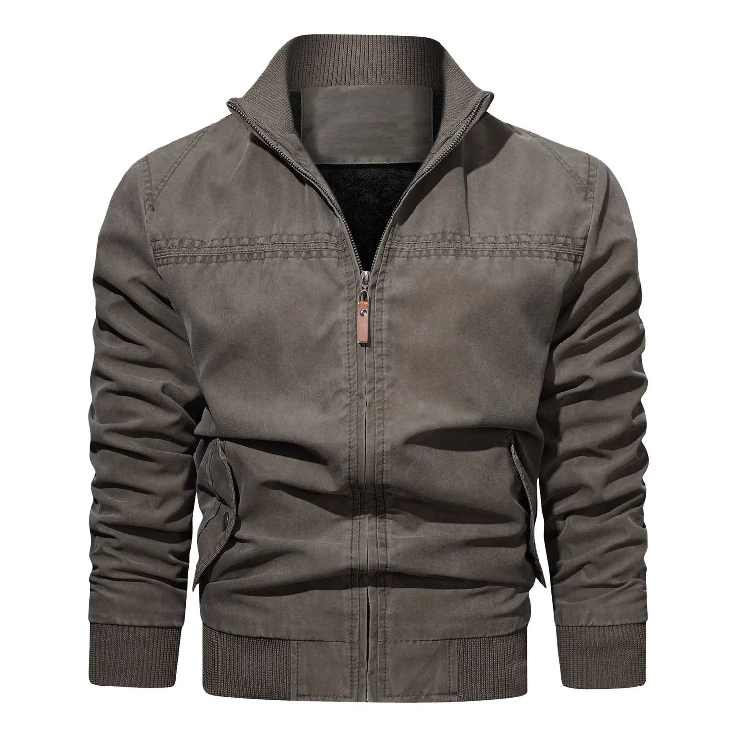 Мужская куртка из экокожи с воротником-стойкой Retro Winter Jacket, zzzz03-coffee — фото 2