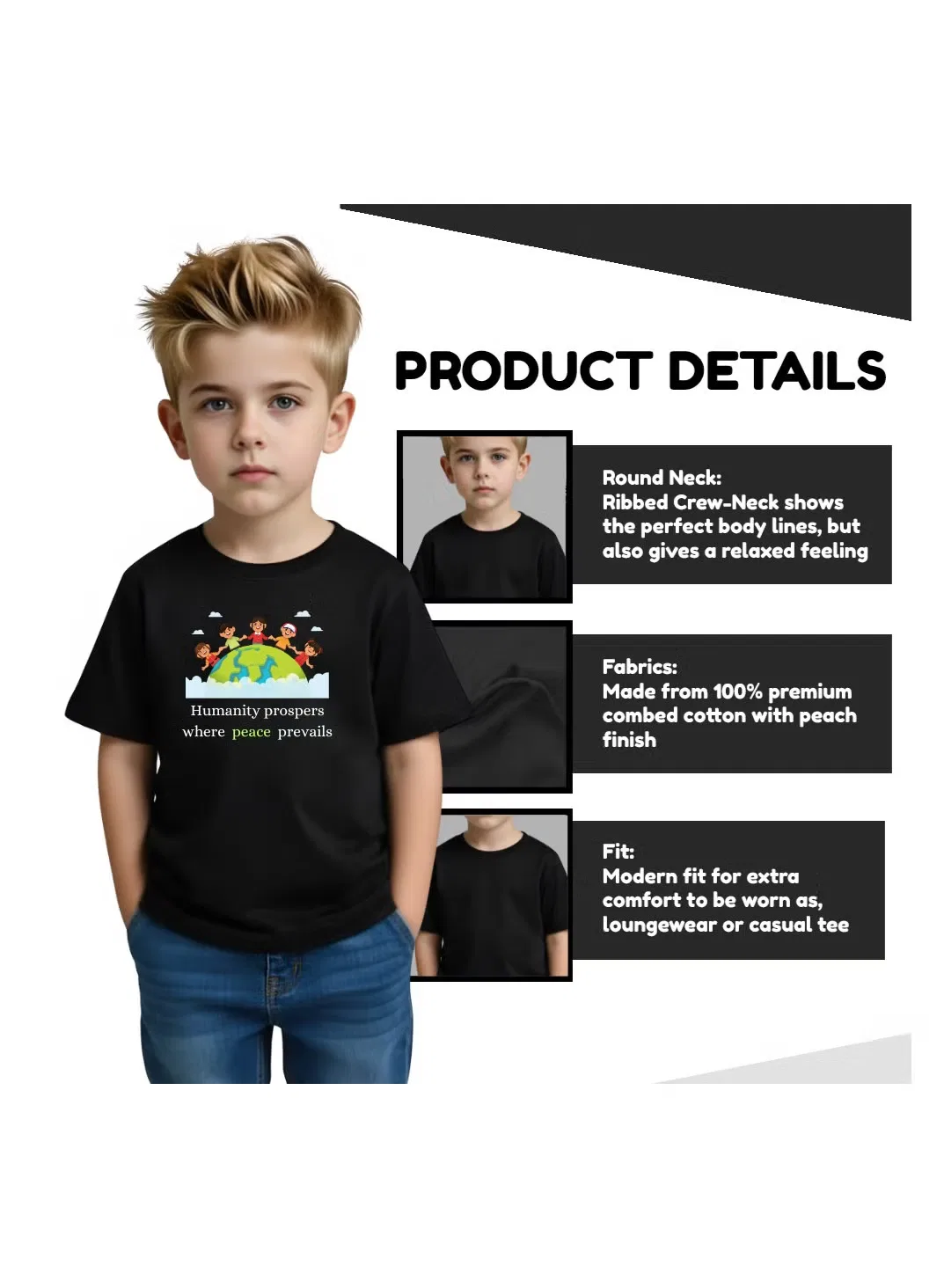 Футболка с принтом Peace & Humanity для мальчика Printshop4Me, черный — фото 3