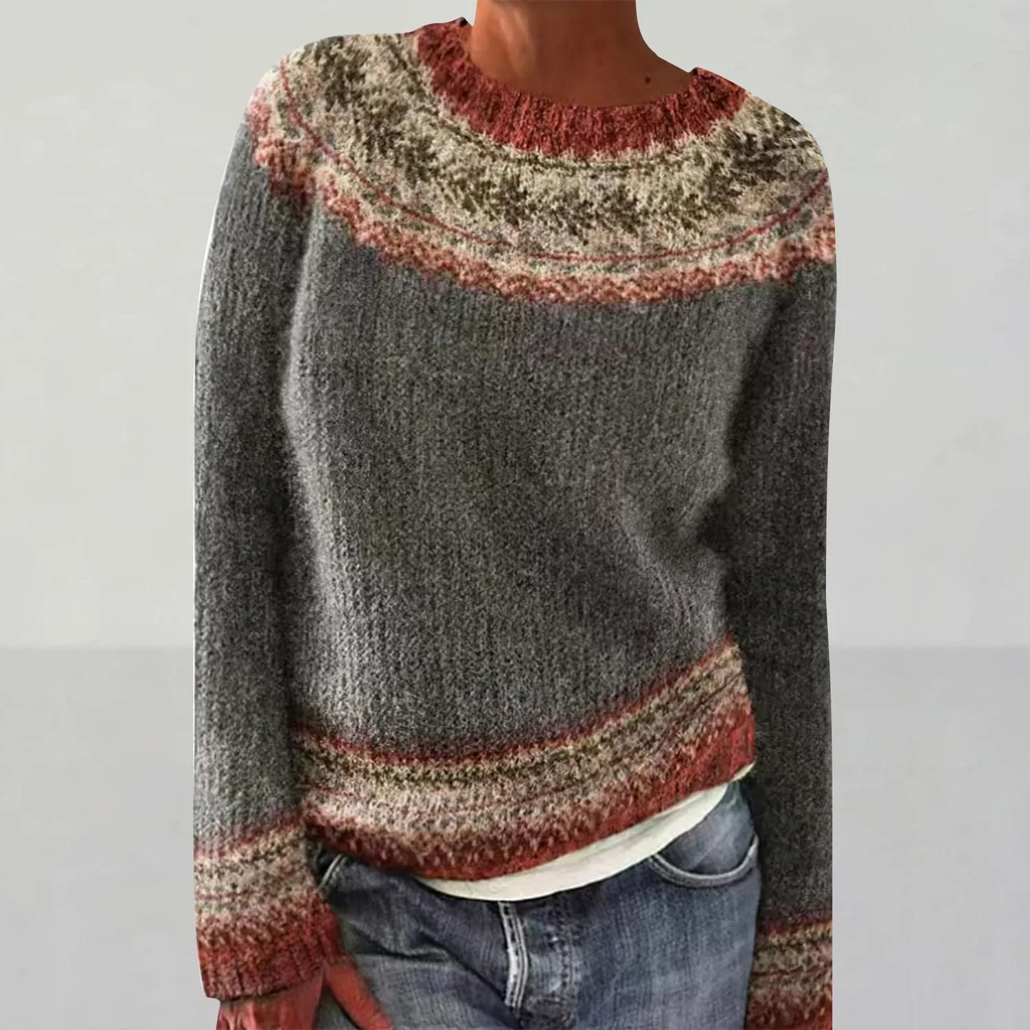Женский свитер с принтом Fair Isle HUIFUAO, A03 Grey — фото 3