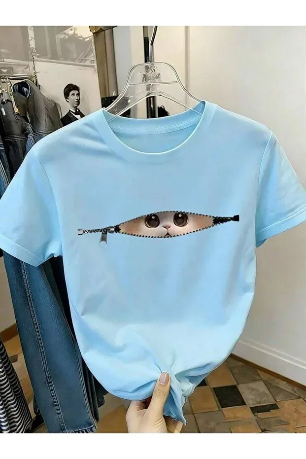 Детская футболка для девочек с принтом Kitten Printed Daily Comfortable T‑Shirt Vinraus Giyim, Blue