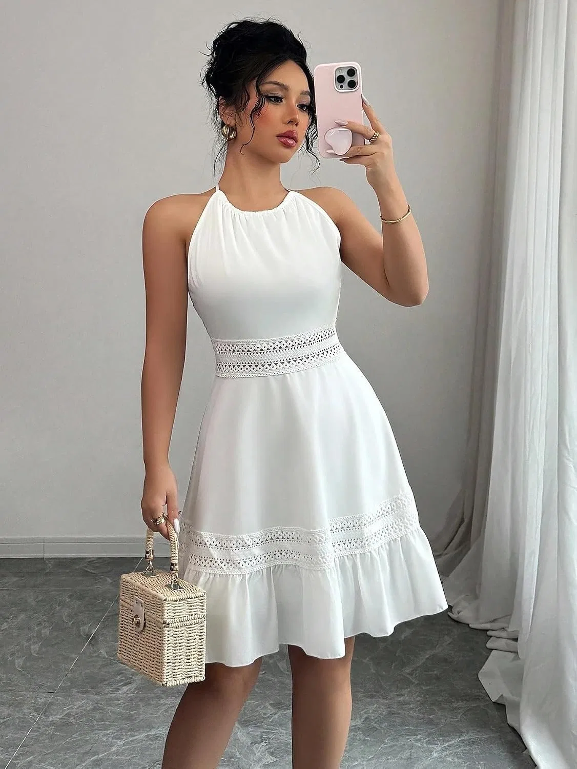 Женское A-силуэта платье-ками с воланами для пляжа, White — фото 2