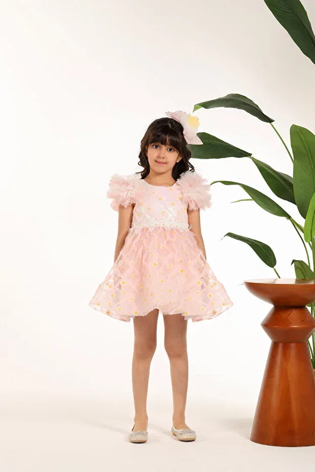 Детское платье из фатина с коротким рукавом-фонарик Miss Rain, Pink