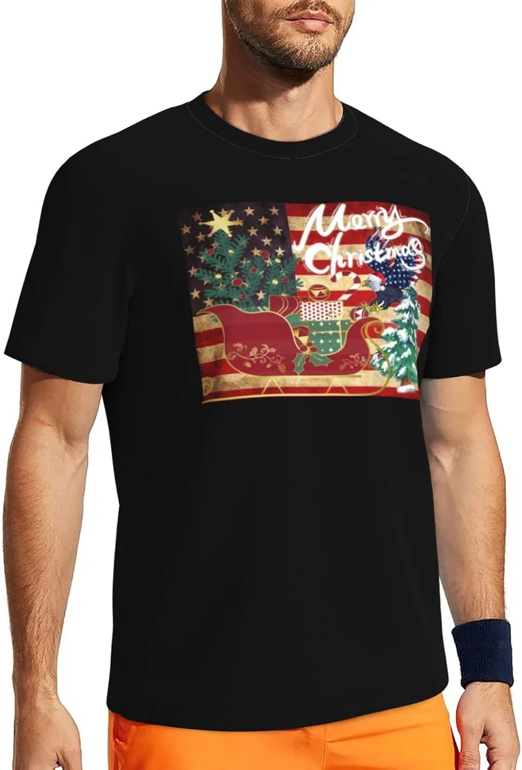 Мужская быстросохнущая футболка из сетки, Merry Christmas Santa Hat America Eagle and Christmas Gift Sleigh Car — фото 2