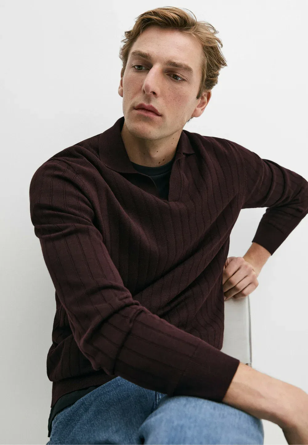 Вязаный поло-свитер из 100% хлопка - рубашка поло Massimo Dutti, Bordeaux — фото 4