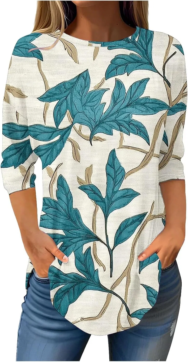 Женская туника с листовым принтом, Scoop Neck, Sky Blue