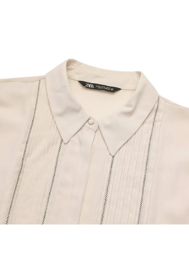 Рубашка с длинным рукавом и отложным воротником Zara, бежевая — фото 4