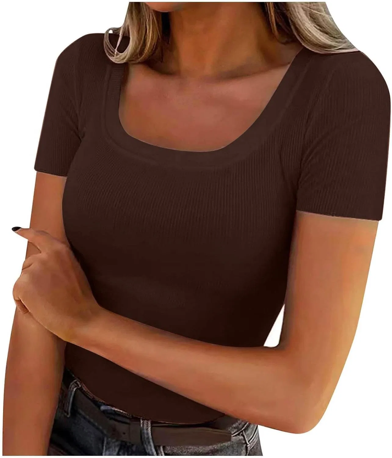 Женская облегающая футболка с U-образным вырезом, Coffee