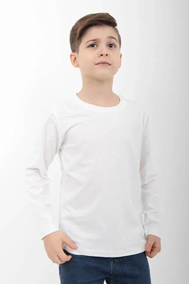 Детская футболка с длинным рукавом хлопковая Basic Perendi, Ecru — фото 4