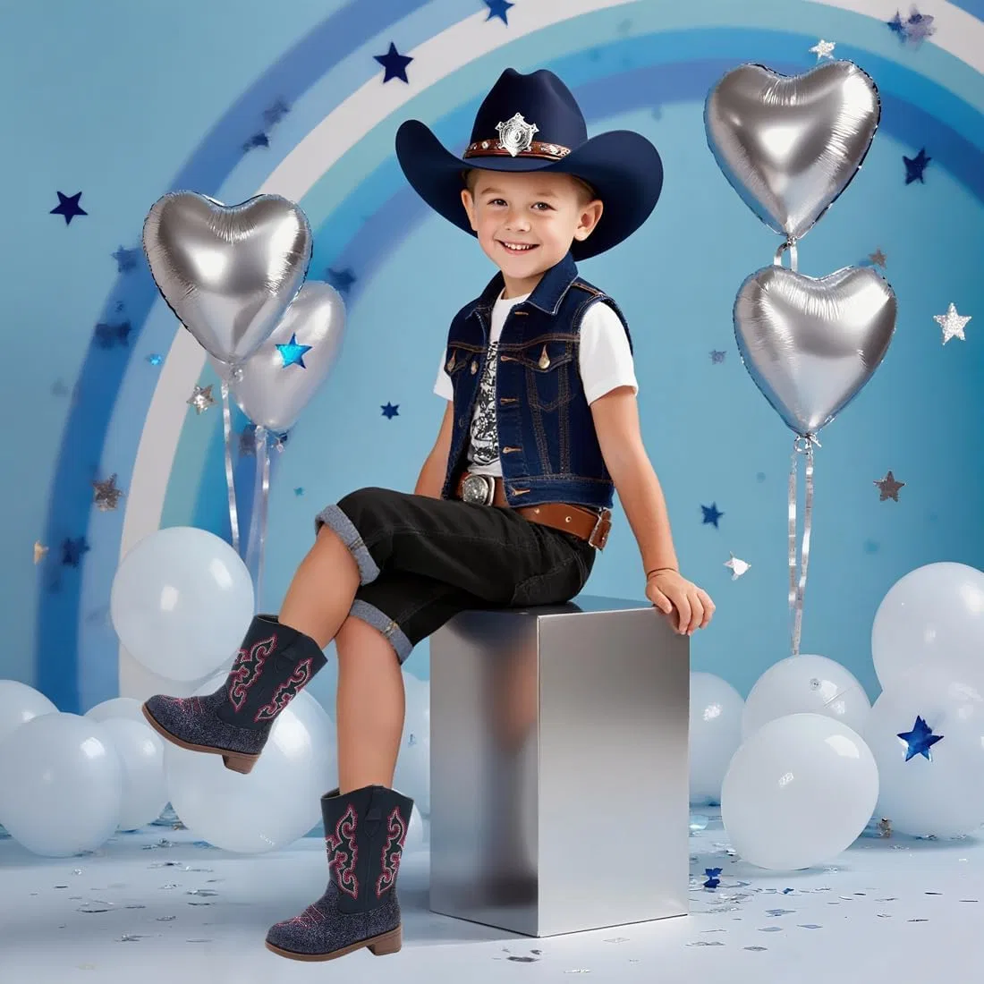 Детские сапоги-казаки с блестками Cowboy Boots для мальчиков и девочек kkdom, Blue — фото 2