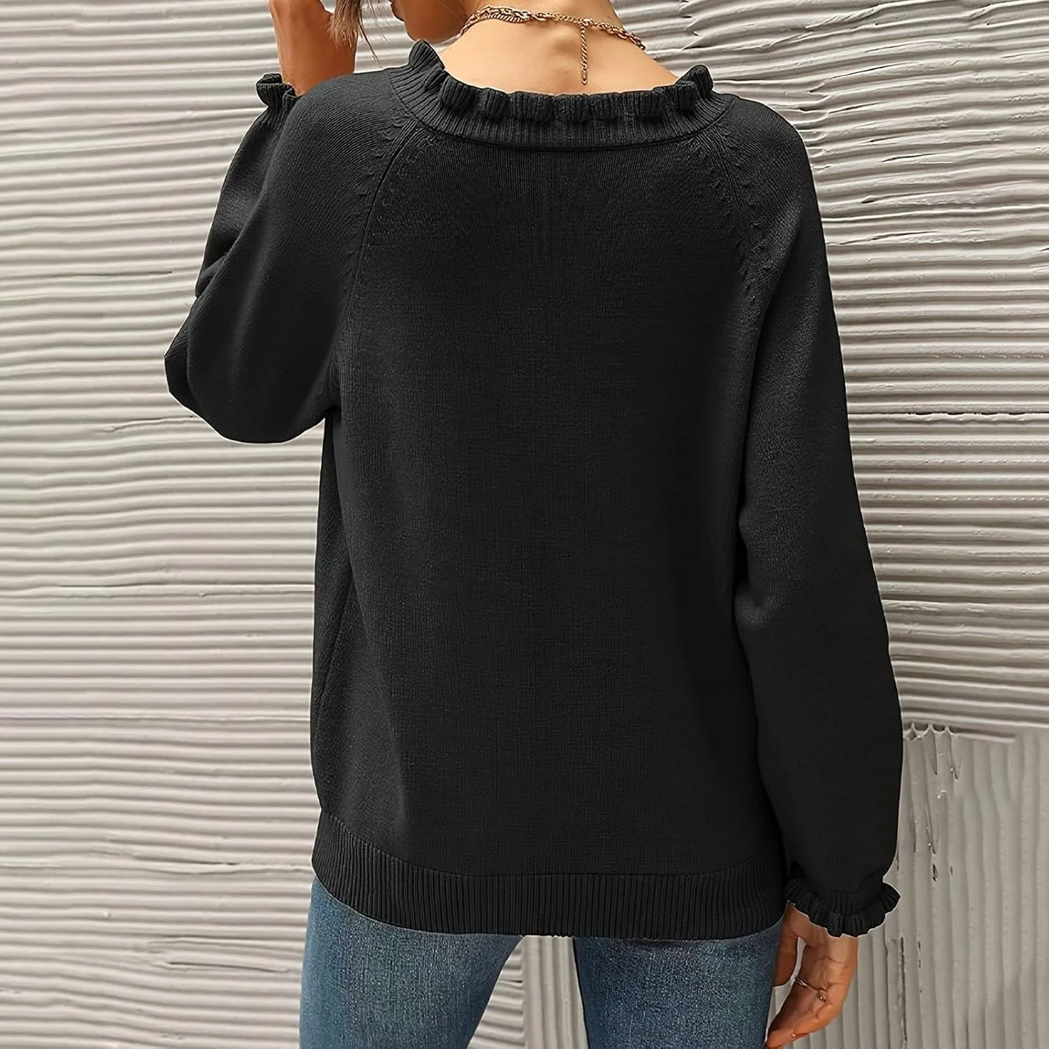 Женский свитер с рюшами, модель Ruffle Sweaters, чёрный — фото 4
