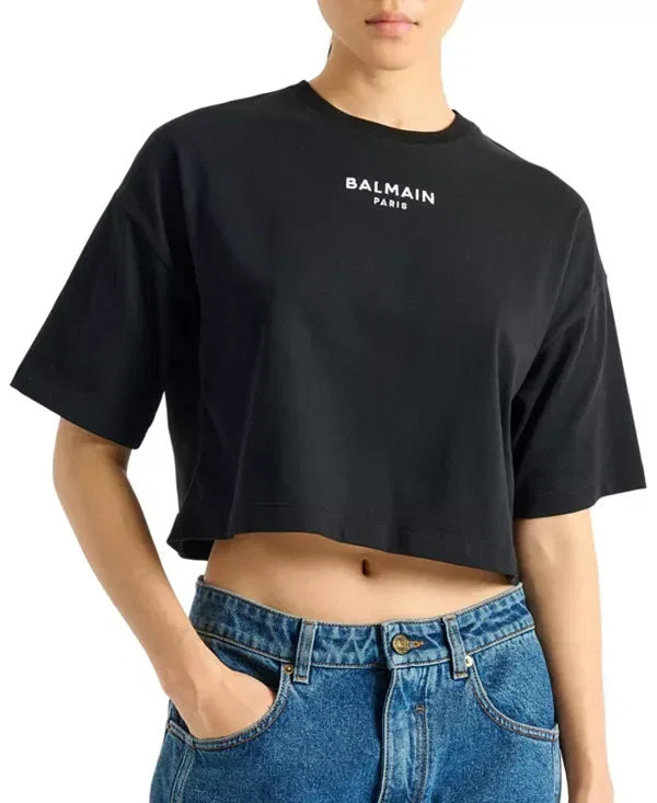 Женская футболка с вышивкой Balmain, черный