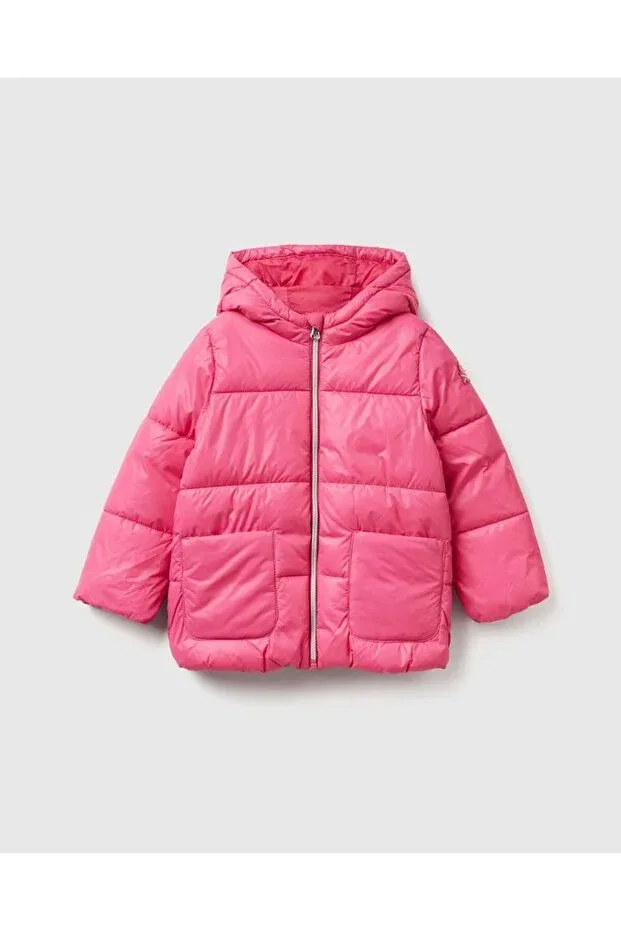 Детское пальто для девочек с капюшоном Logo Embroidered Hooded Coat United Colors Of Benetton, Fuchsia