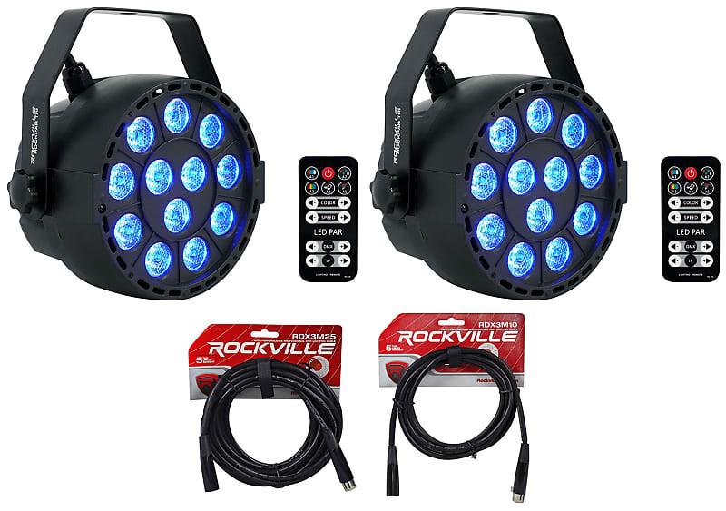 

2 Rockville RockPAR TRI LED RGB Par Cans DJ Black DMX Wash Lights+пульты дистанционного управления+кабели (2) ROCKPAR TRI BLACK+RDX3M25+RDX3M10
