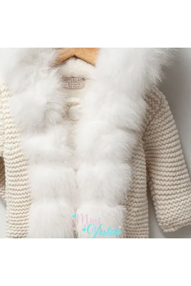 Детский кардиган с принтом Fur look hooded knitwear cardigan with welsoft inside Minivestito, Nude Color — фото 2