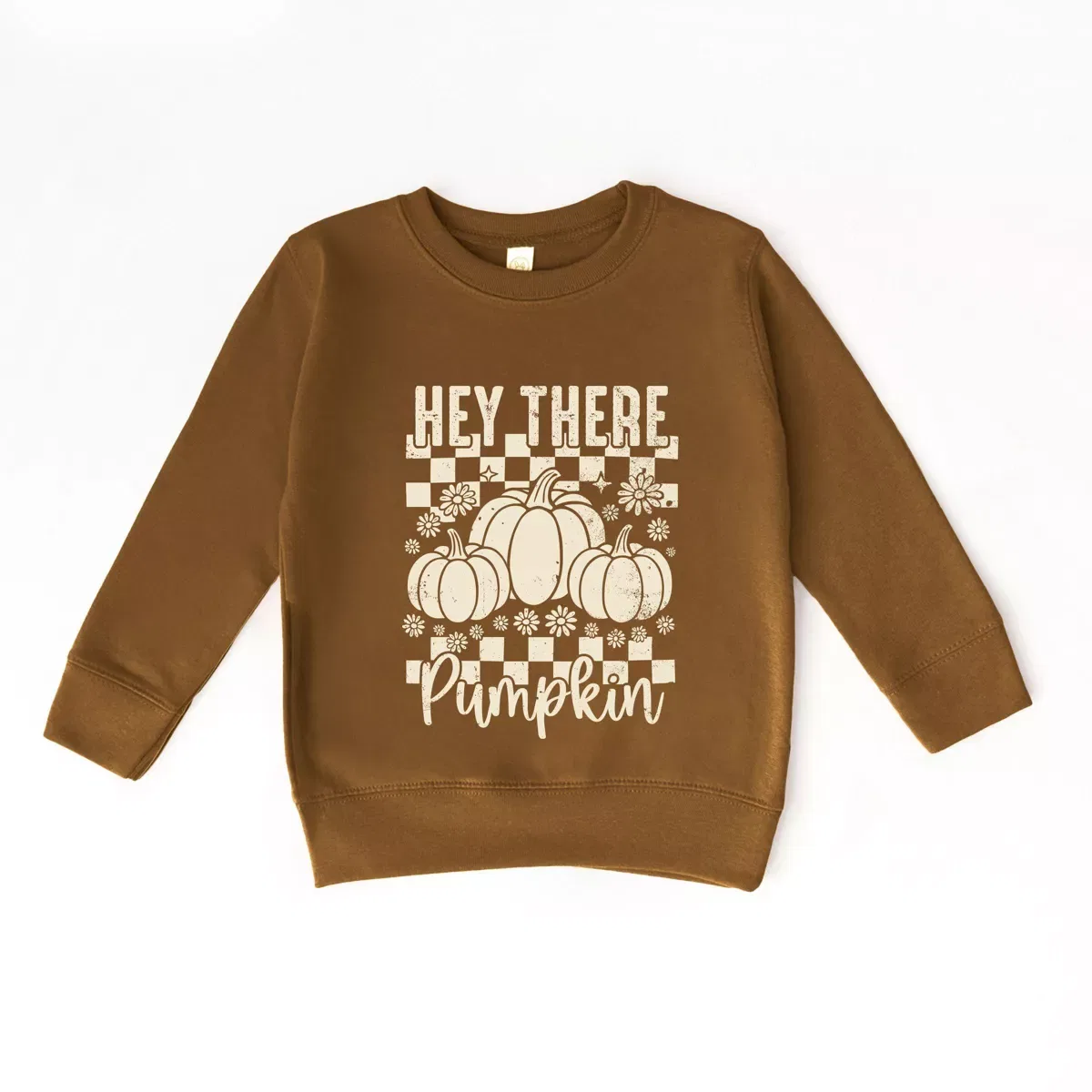 Детский свитшот для девочек с принтом Hey There Pumpkin Checkered The Juniper Shop, Camel — фото 2
