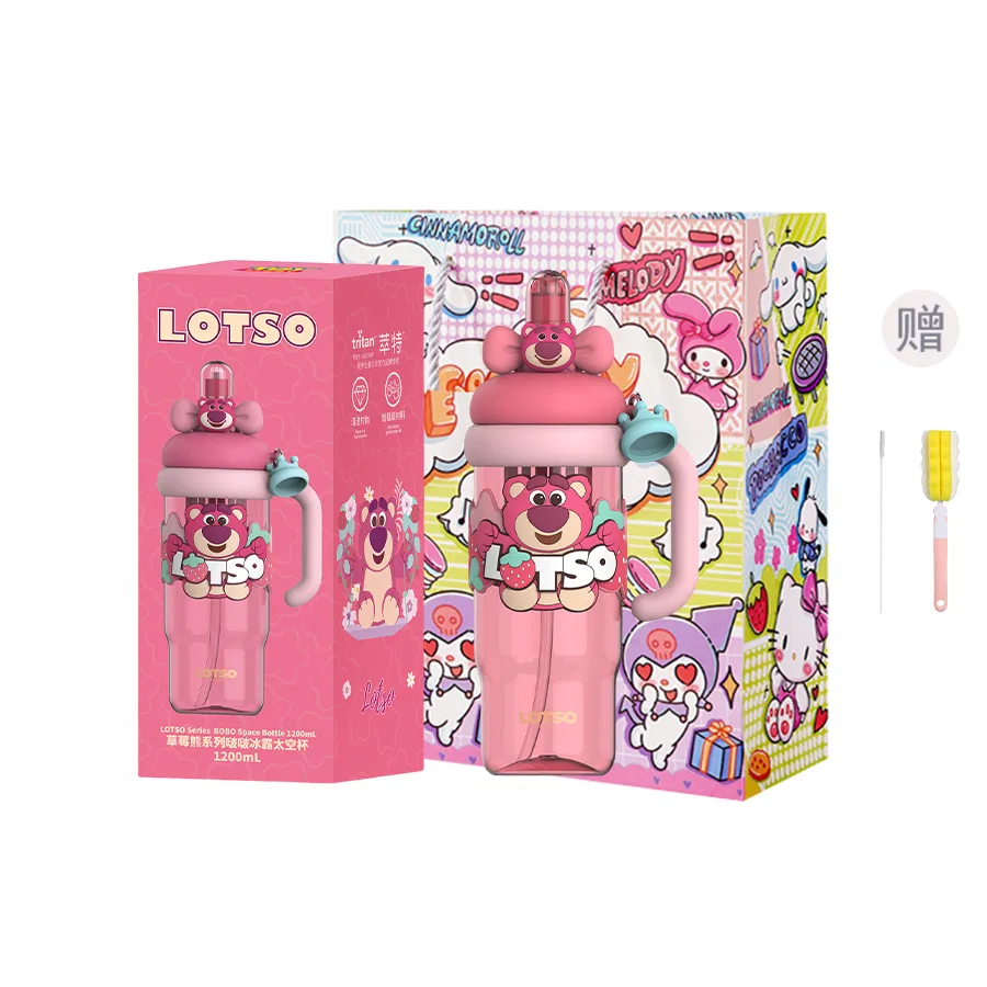 Детская бутылка для воды с трубочкой, 1200 мл, с щетками и сумкой, Lotso, Disney, Pink
