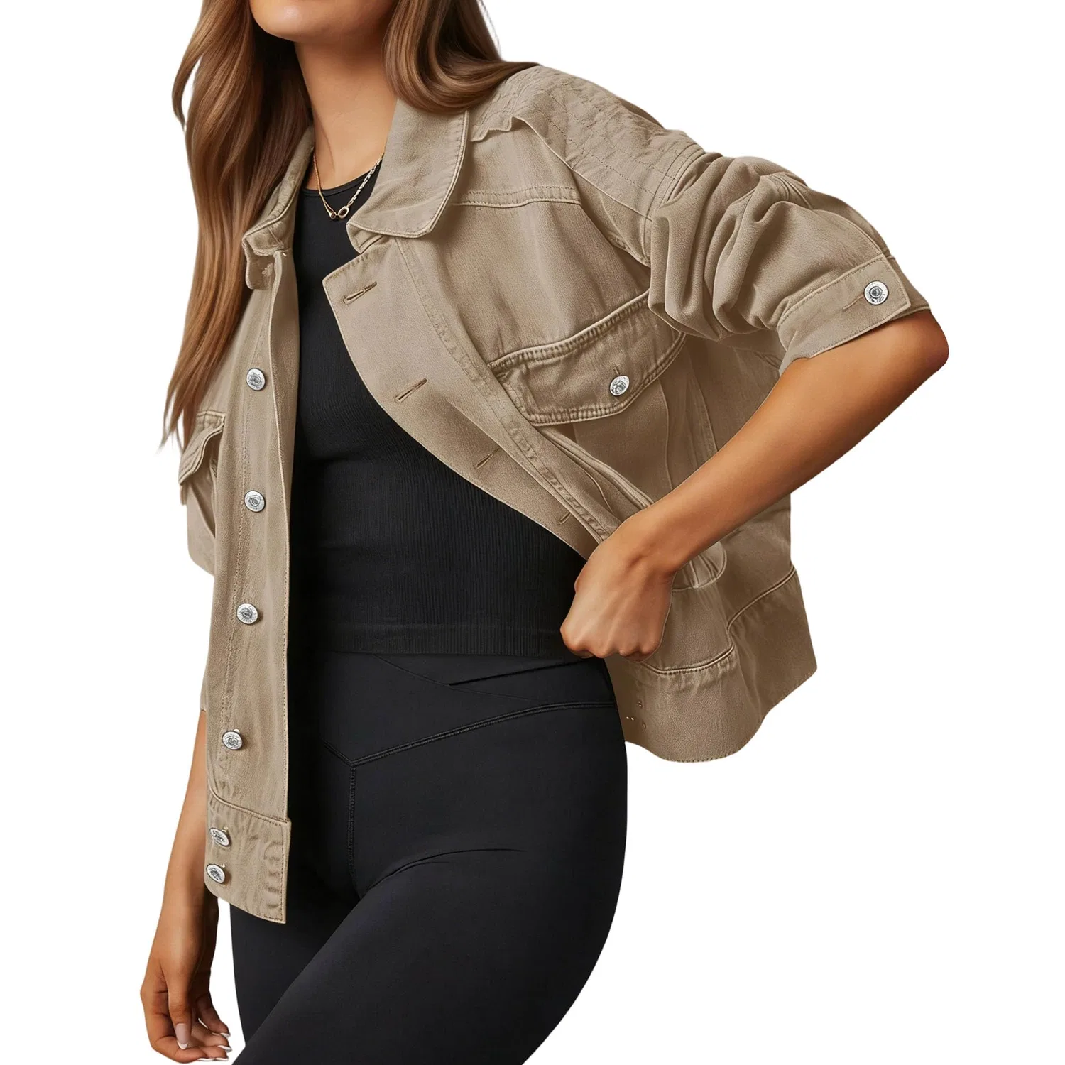 Женское джинсовое укороченное пальто с пуговицами, dark khaki