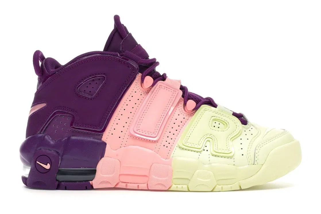 Детские кроссовки для мальчиков и девочек с принтом Nike Air More Uptempo Nike, Citron Tint/Pink Tint-Night Purple