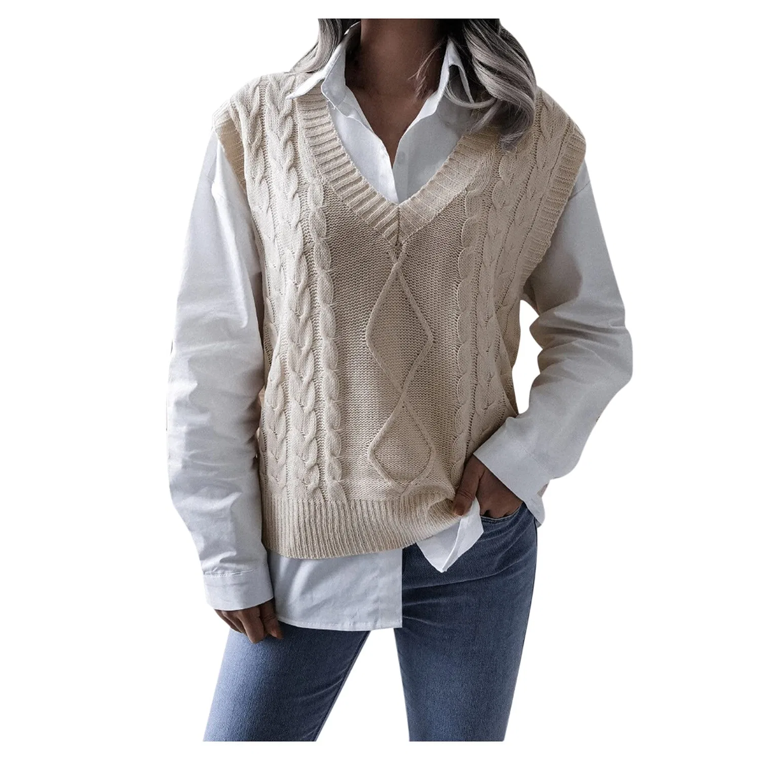 Женский вязаный жилет без рукавов HUIFUAO, Z02 Beige