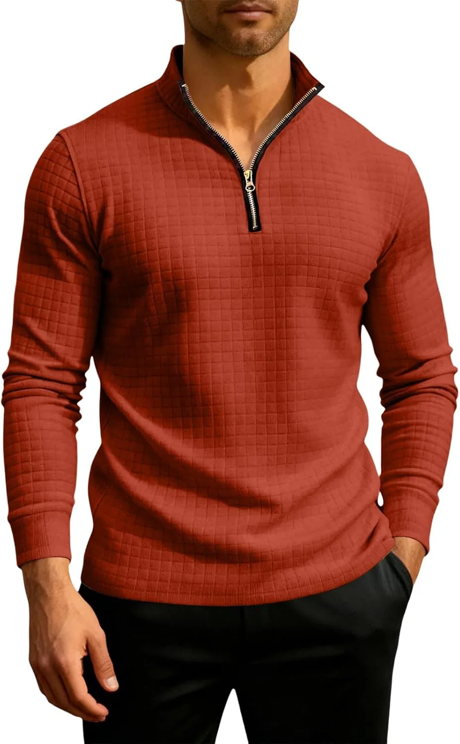 Мужская длинная футболка с вафельным узором Quarter Zip, Vermilion