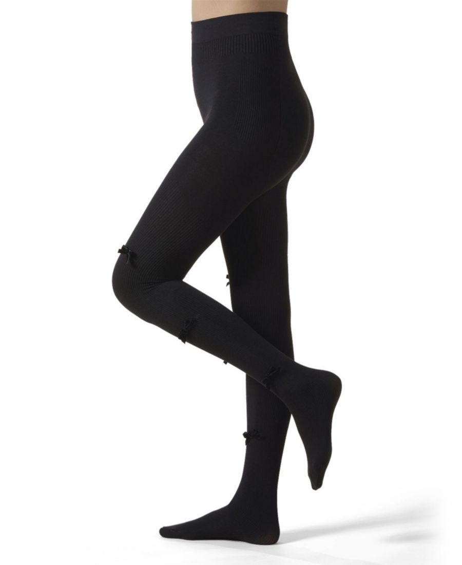 

Женские ребристые бархатные колготки из смесовой хлопковой ткани с бантом MeMoi, Black