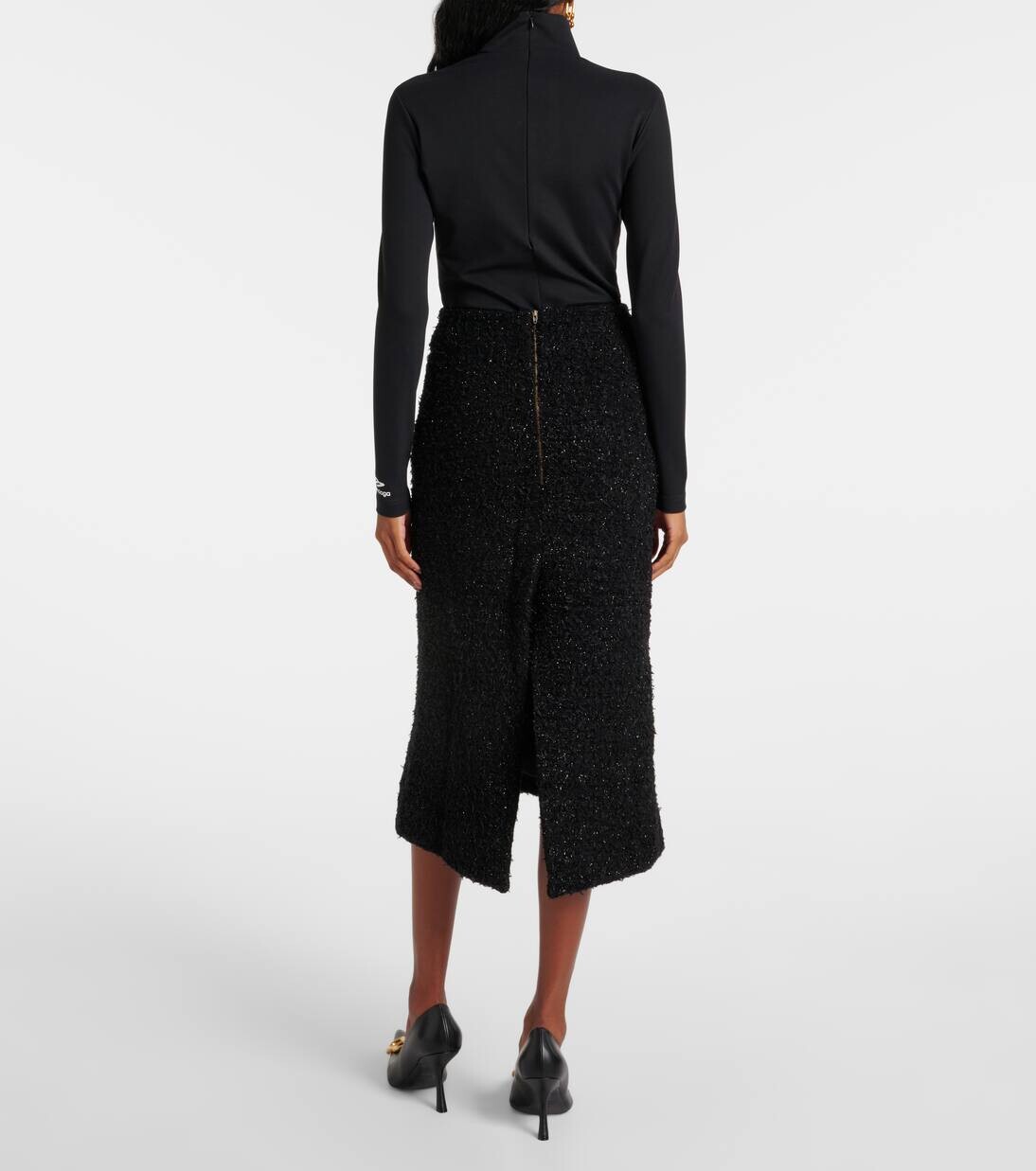 Юбка миди из твида с добавлением хлопка Balenciaga, черный — фото 3