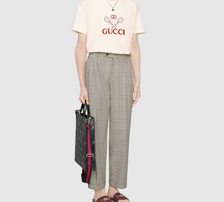 Футболка Gucci Мужская Теннисная Принт Оверсайз Ретро Короткий Рукав белый — фото 2