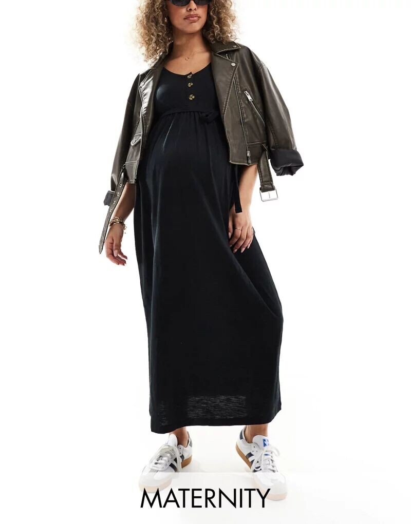 

Mamalicious Maternity – длинное летнее платье черного цвета с планкой на пуговицах и двумя функциями для кормления Mama.licious