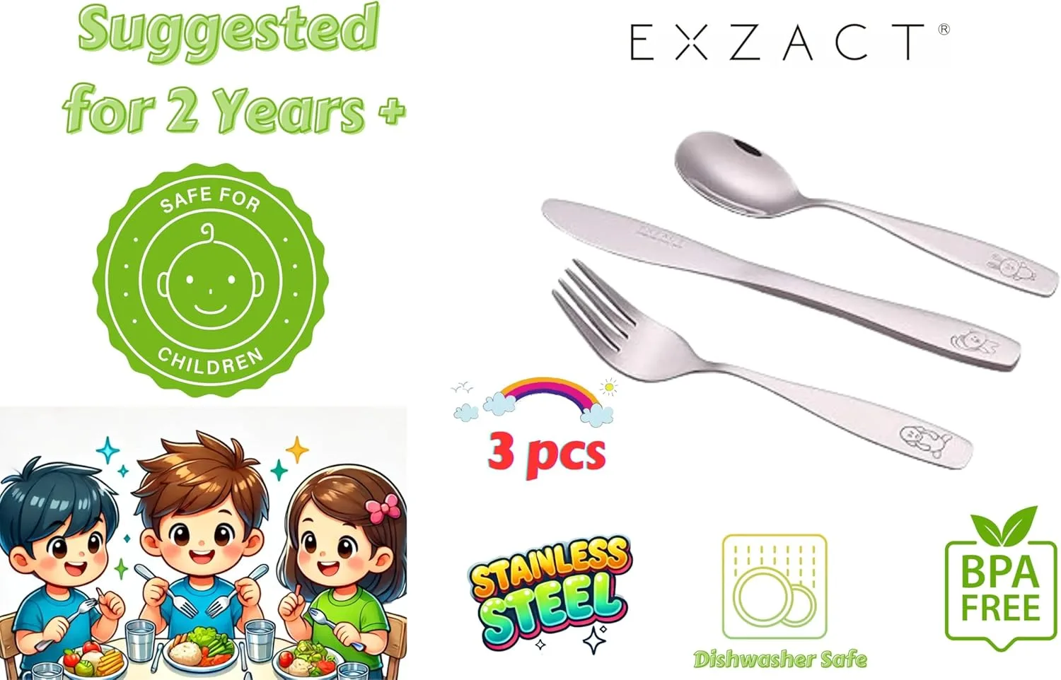 Exzact 6-предметный детский набор столовых приборов, нержавеющая сталь, 2 вилки, 2 безопасных ножа, 2 ложки — фото 4