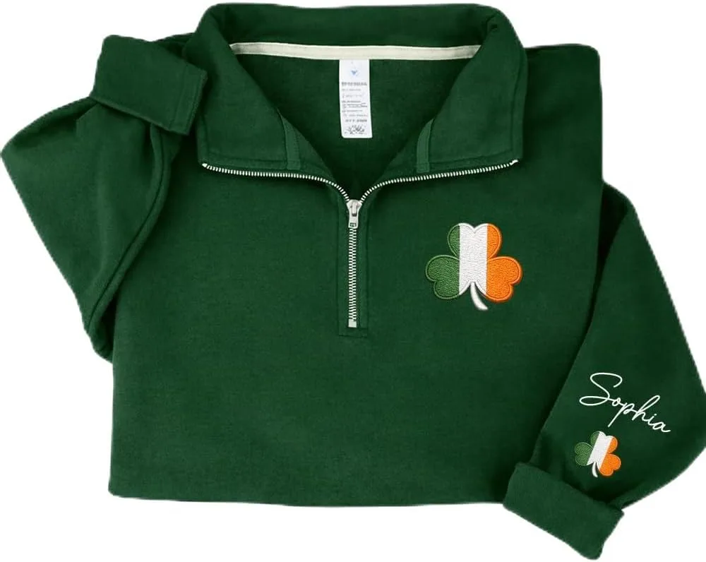 

NAZENTI Custom St. Patrick's Day вышитый свитшот Quarter Zip с дизайном трилистника